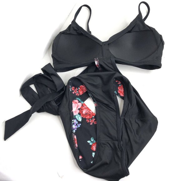 NWT CUPSHE Black Floral Wrap Cutout 1 Piece Bathing Suit Swimsuit Sz S Tie Back - Picture 12 of 14